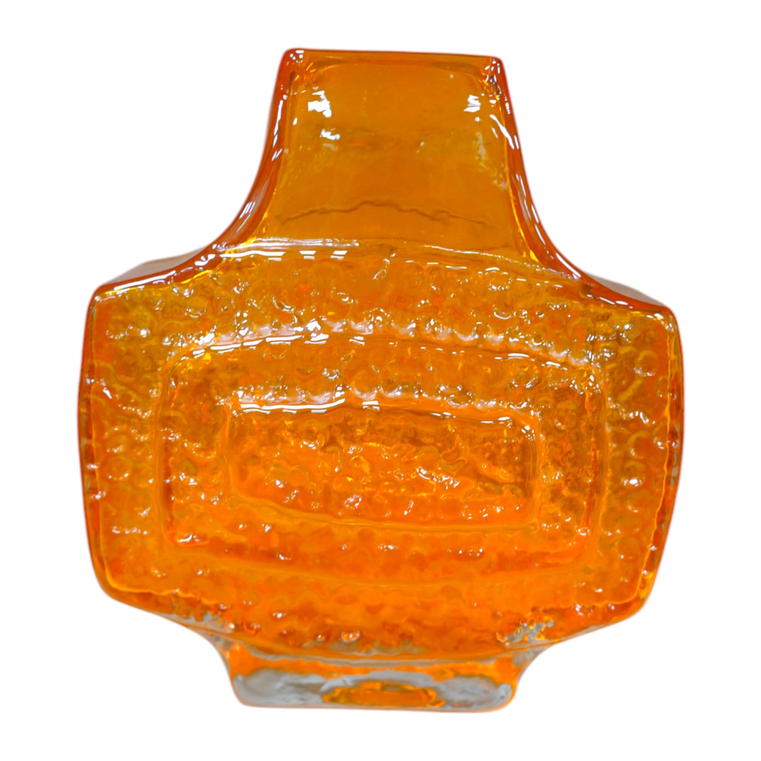 A Whitefriars tangerine glass 'TV' vase, 18cm. Condition - good